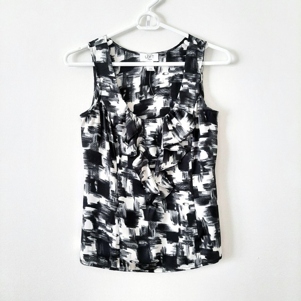 NWOT Ann Taylor LOFT Sleeveless Ruffle-Front Blouse, Black & Ivory, XXSP, 00P